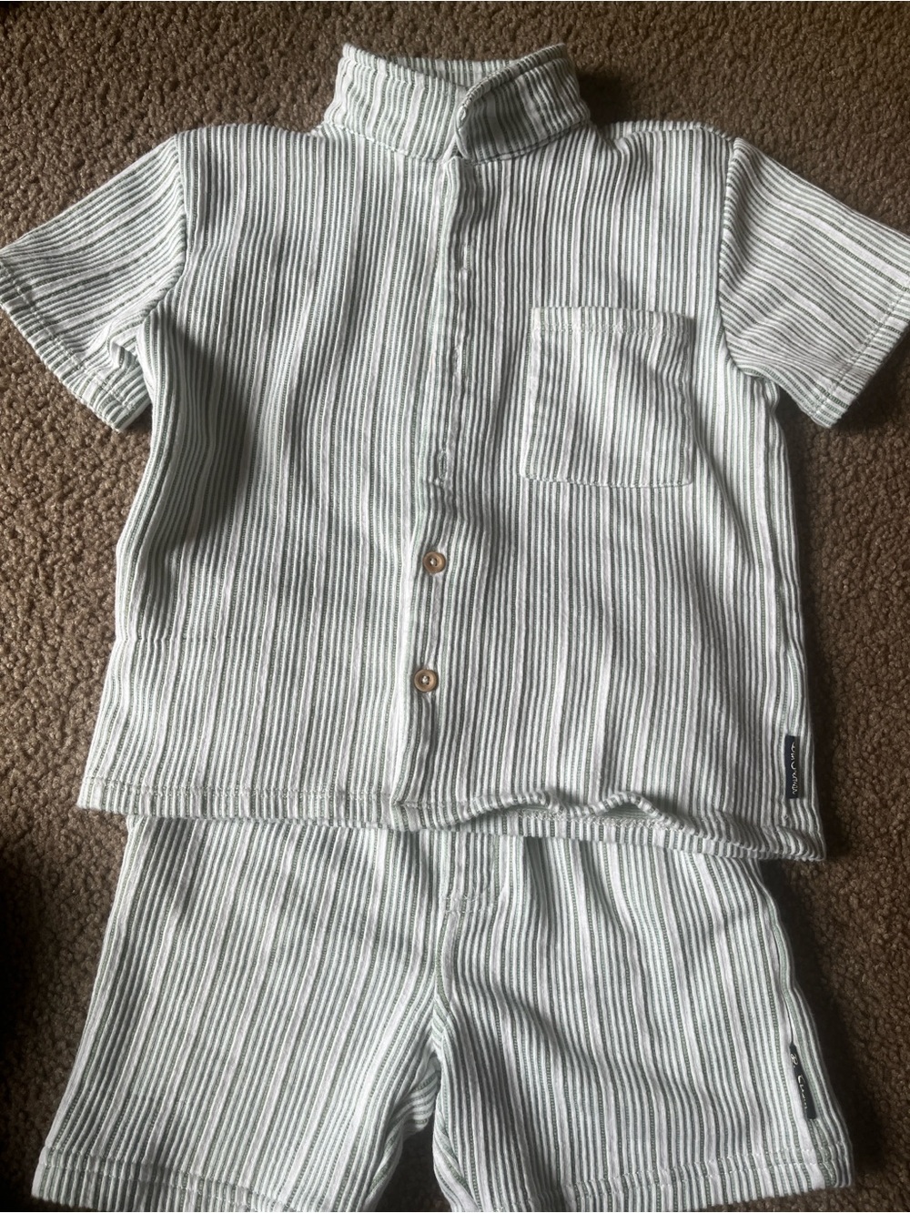 Kids Short Sleeve Button Set in Light Green Stripe